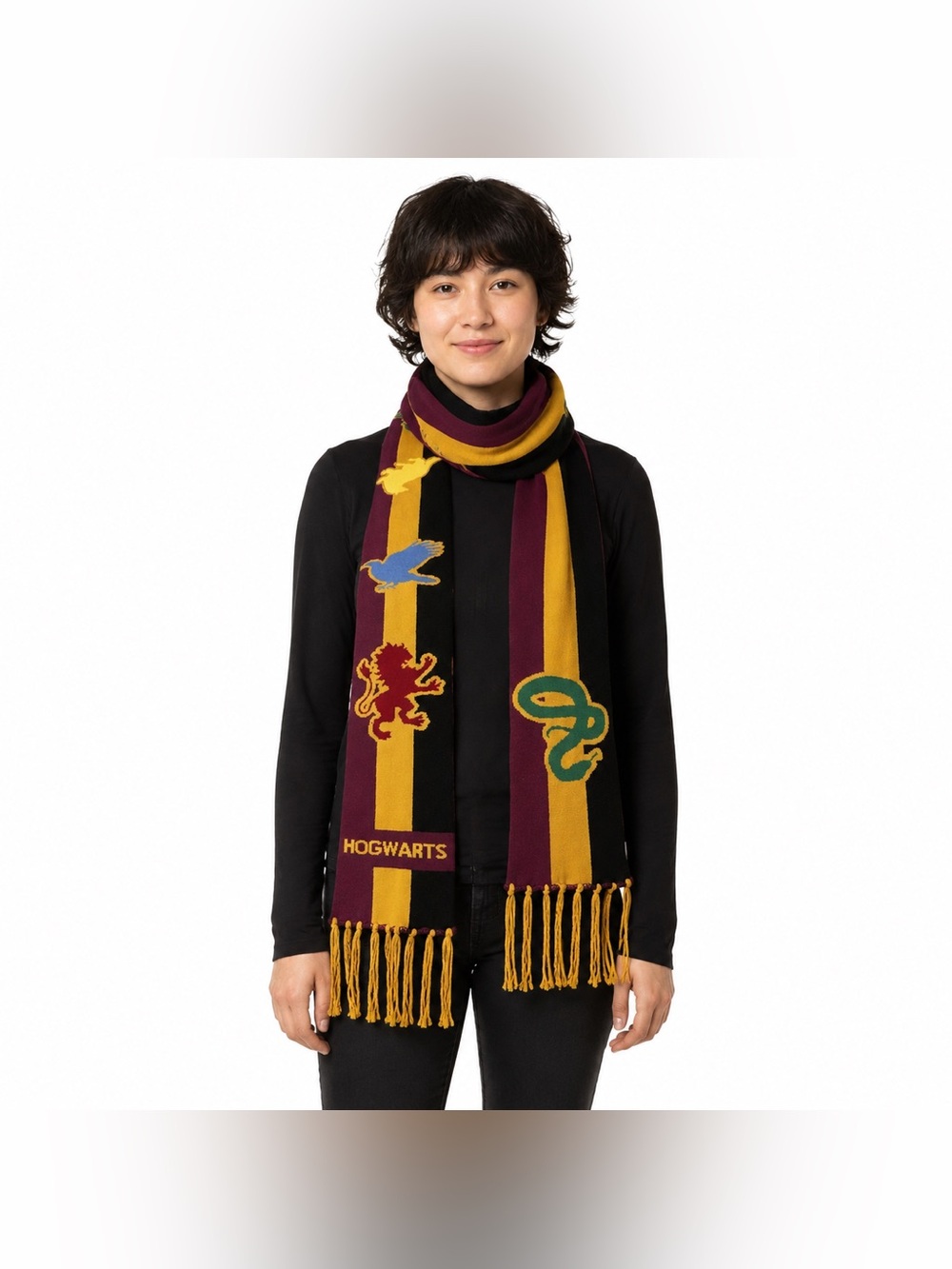 Harry Potter Hogwarts House Crest Reversible Knit Scarf 64β Fringe Unisex